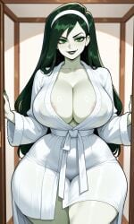 ai_generated bathroom big_breasts black_hair curvaceous curvy disney green_eyes green_skin hairband houseofwaifu huge_breasts kim_possible nipples shego smiling thick thick_hips thick_legs thick_thighs tiny_waist voluptuous voluptuous_female wide_hips wide_thighs