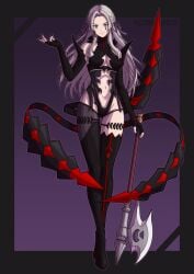 alternate_costume axe dark_background dark_persona edelgard_von_hresvelg fire_emblem fire_emblem:_three_houses inner_sideboob kronya_(fire_emblem)_(cosplay) looking_at_viewer multi_tail navel_cutout simple_background smile smiling_at_viewer tails teardrop_facial_mark thighhighs white_hair