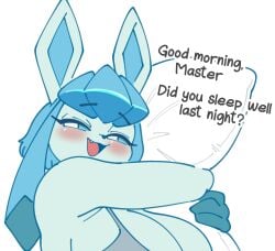 1girl 1girls 2026 2d_(artwork) anthro anthro_only apron apron_only bed big_boobs big_breasts big_eyes blue_body blue_fur blue_hair blushing blushing_at_viewer blushing_female boobs breasts clothes clothing cute dialogue digital_drawing_(artwork) digital_media_(artwork) eeveelution female female_only female_pokemon game_freak generation_4_pokemon glaceon half-closed_eyes hi_res highres ice_type looking_at_viewer mochichi nintendo pillow pillow_grab pillow_hug pokemon pokemon_(species) sexy solo solo_female text wake_up white_background
