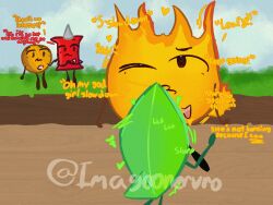 1female1male background_characters battle_for_dream_island bfdi blowjob chatting coiny_(bfdi) eating_out firey_(bfdi) jacknjellify leafy_(bfdi) leaning_forward moaning moaning_in_pleasure object_show object_shows one_eye_closed outside pin_(bfdi) sitting sucking_dick sucking_off sucking_penis talking