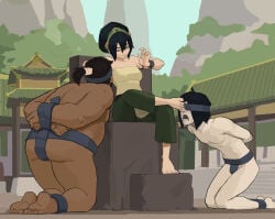 1girl 2boys 2boys1girl amugea armpit armpit_fetish armpits ass avatar_the_last_airbender barefoot black_hair blind blindfold blindfolded bound bound_ankles bound_wrists brown_hair chubby chubby_male clothed clothed_female earthbender feet female femdom foot_fetish foot_focus foot_worship hair_pull hair_pulling light_bondage male nickelodeon original_character original_characters pants ponytail ponytail_male public public_exposure sitting skimpy skimpy_clothes soles strapless_top tan_body tan_skin toph_bei_fong tubetop worship worshiping