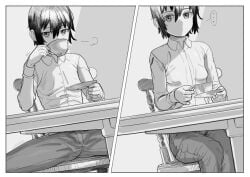 1girls 2d 2d_(artwork) androgynous black_and_white blank_stare breasts clothed clothed_female clothing dress_shirt drinking drinking_tea expressionless female female_focus fully_clothed hutamaru inviting kino_(kino_no_tabi) kino_no_tabi legs legs_apart legs_spread looking_at_viewer monochrome neutral_expression pants right_to_left sexually_suggestive small_breasts spread_legs spreading spreading_legs staring staring_at_viewer