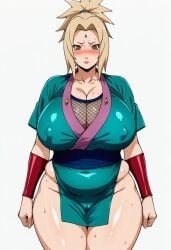 ai_assisted ai_generated alternate_costume belly_overhang blush button_gap cameltoe chubby curvy embarrassed fishnet_topwear forehead_jewel huge_breasts muffin_top nipples_visible_through_clothing official_alternate_costume pelvic_curtain skin_tight soft_belly spiky_hair standing straining_clothing sweat sweaty thick_thighs tsunade tsunade_(naruto) wardrobe_malfunction