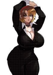 1girls brown_eyes brown_hair cleavage commission_art curvy_figure devil_summoner exaggerated_proportions fully_clothed gialu huge_breasts megami_tensei non_nude red_headband rei_reiho shin_megami_tensei simple_background suggestive suggestive_look suggestive_pose thick_thighs