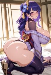 1girl ai_generated arched_back ass bangs bare_shoulders black_legwear black_panties black_thighhighs blush braid braided_ponytail breasts bridal_gauntlets cleavage clothing curvy feet female flower from_side genshin_impact hair_ornament huge_ass huge_breasts indoors japanese_clothes kimono kneeling large_breasts legwear long_hair long_sleeves looking_at_viewer looking_back mole mole_on_breast mole_under_eye obi obiage obijime off_shoulder okobo open_mouth panties parted_lips purple_eyes purple_flower purple_hair purple_kimono purple_thighhighs raiden_shogun robe sallylove sandals sash sideboob skindentation solo thick_thighs thighhighs thighs thong traditional_clothes underwear very_long_hair vision_(genshin_impact) wafuku