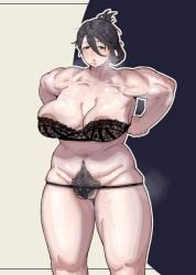 1girl absurdres adjusting_bra adjusting_clothes arc_raiders belly biceps bra breasts commentary_request cowboy_shot crow's_feet ebonyxh excessive_pubic_hair female_pubic_hair highres huge_breasts lace-trimmed_bra lace_trim looking_at_viewer mature_female mole mole_under_mouth muscular muscular_female navel_hair partially_visible_vulva plump pubic_hair solo thick_thighs thighs underwear underwear_only wide_hips