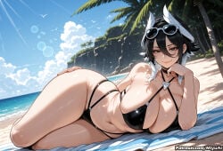 1girl ai_assisted ai_generated animal_ears bangs bare_shoulders beach beach_towel bikini bird black_bikini black_choker black_hair breasts choker cleavage collarbone crossed_bangs curvaceous curvy curvy_female curvy_figure day eyewear_on_head female hair_between_eyes halterneck highleg highleg_bikini large_breasts long_hair looking_at_viewer lying made_in_abyss miyuai multi-strapped_bikini navel o-ring_bikini ocean on_side outdoors ozen seagull sky smile solo stomach sunglasses sunlight swimsuit thick thick_ass thick_butt thick_hips thick_legs thick_thighs thighs tree voluptuous voluptuous_female water wide_hips wide_thighs