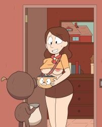 1boy 1girls 2022 areolae breasts brown_hair brown_skirt candy crop_top eyebrows_visible_through_hair eyes_visible_through_hair female girl_scout hilda_(series) human johanna_(hilda) light-skinned_female light_skin male medium_breasts medium_hair milf muffintop netflix nipple_slip nipples short_skirt skirt smile sweat trick-or-treating woodman_(hilda)