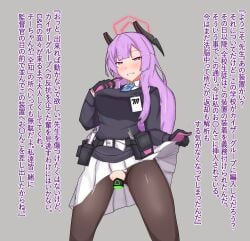 1girl ainagi bar_censor black_gloves black_pantyhose blue_archive blue_necktie blush breasts censored clothes_lift collared_shirt commentary_request corruption gloves grey_background grin halo headgear heart jacket large_breasts lifting_own_clothes long_hair long_sleeves looking_at_viewer necktie object_insertion pantyhose pink_eyes pleated_skirt pointing pointing_at_self purple_hair pussy sex_toy shirt simple_background skirt skirt_lift smile solo standing torn_clothes torn_pantyhose utaha_(blue_archive) vaginal vaginal_object_insertion variant_set white_shirt white_skirt