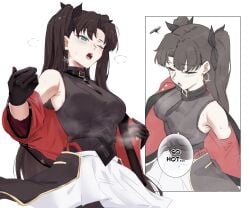 1girl 1girls amrpits artist_request black_gloves black_hair blue_eyes comic earrings english_text fate/stay_night fate/unlimited_blade_works fate_(series) honkai:_star_rail honkai_(series) hoop_earrings hot jacket jewelry medium_breasts necktie one_eye_closed simple_background skirt solo solo_female solo_focus steam steamy_breath sweat teeth tohsaka_rin tohsaka_rin_(honkai:_star_rail) tongue turtleneck twintails undressing white_background white_shirt