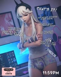 angry arms_crossed bulge choker clothed computer_monitor crossing_arms fingerless_gloves fortnite fortnite:_battle_royale futanari gloves gooning headgear lexa_(fortnite) looking_down pale_skin pink_choker princess_lexa_(fortnite) red_eyes slim_waist speech_bubble talking text_bubble thighhighs thinking white_hair white_shirt