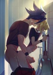 1femboy 2boys anal anal_penetration anal_sex androgynous bathroom bathroom_sex bob_cut bottomless choker collar cum_inside cum_overflow cumming cumming_from_anal_sex cumming_together cumming_while_penetrating femboy femboy_penetrated femboysub feminine_faced_male feminine_male galo_thymos gay gay_sex handjob handjob_while_penetrating lio_fotia male masturbating_other penetration petite petite_body petite_male promare shirt_bite shirt_lift short_hair short_male size_difference slim slim_male slim_waist thin_waist twink waist_grab yaoi