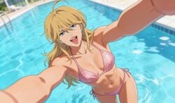 bathing_suit bikini blonde blonde_female blonde_hair blue_eyes butt christine_blake_(lazarus) cleavage earings femme_fatale lazarus_(anime) lipgloss midriff pool poolside rattoilet selfie swimsuit taking_picture