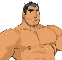 2017 abs bara big_pecs black_hair dozer_(spookeedoo) ear_piercing human looking_at_viewer male nipple_piercing nose_piercing pecs saltypoundcake simple_background smile solo white_background