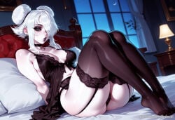 1girl ai_generated ass balecxi bed black_choker black_panties black_thighhighs breasts deadlock double_bun earrings eyeshadow feet garter_belt graves_(deadlock) green_eyes hair_bun hair_over_one_eye indoors jewelry lingerie looking_at_viewer on_bed pillow solo thighs underwear white_hair