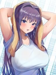 1girls breasts_focus clannad clothed fujibayashi_kyou large_breasts long_hair looking_at_viewer purple_hair solo_female towel