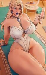 1girls blonde_hair blue_eyes emma_frost emma_frost_(marvel_rivals) emma_frost_(white_wave_queen) female female_only light-skinned_female light_skin long_hair marvel marvel_rivals sfrinzy thick_thighs