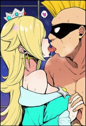 1boy 1girls ai_generated aqua_dress bald bare_shoulders blonde_hair blue_dress blush breasts brooch clothed_female_nude_male clothing crown dress earrings female french_kiss hair_over_one_eye hetero holding_hands interlocked_fingers jewelry kiss large_breasts long_hair male mario_(series) mask mohawk night nude off-shoulder_dress off_shoulder princess_rosalina rosalina saliva saliva_trail sky spoken_heart star_(sky) star_(symbol) star_earrings sweat tongue tongue_out topless_male upper_body window