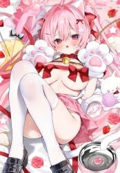 1girl animal_ear_fluff animal_ears animal_hands bell blush bow breasts cat_ears cat_girl cat_tail chihiro_(khorosho) choker cleavage collar covered_nipples gloves hair_between_eyes hair_bow hair_ornament large_breasts looking_at_viewer navel neck_bell original paw_gloves pink_eyes pink_hair pink_skirt red_eyes ribbon shoes short_hair skirt solo stomach tail thighhighs white_thighhighs