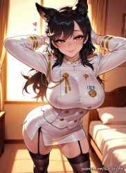1girl 2026 ai_generated animal_ears anime arms_behind_head arms_up atago_(azur_lane) azur_lane backlighting bangs bed black_hair black_thighhighs blush boobs breasts brown_eyes buttons cat_ears cleavage closed_mouth covered_navel covered_nipples crossover curtains extra_ears eye_contact female female_focus flushed garter_straps gloves hair_ribbon handwear heart heart-shaped_pupils highres huge_breasts indoors inside large_breasts lips long_hair long_sleeves looking_at_viewer military military_uniform miniskirt mole mole_under_eye neutral_expression nsfw patreon patreon_username pencil_skirt ribbon rognezart side_slit skindentation skirt smile smiling solo standing sunlight swept_bangs symbol-shaped_pupils taut_clothes thick_thighs thighhighs thighs uniform very_long_hair white_gloves white_ribbon window