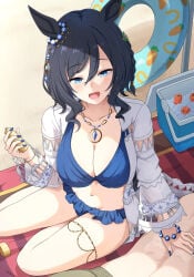 1girl 1girls beach big_breasts bikini black_hair blue_bikini blue_eyes blue_nails breasts eishin_flash_(umamusume) female female_only girl horse_ears horse_girl looking_at_viewer open_mouth open_mouth_smile smile umamusume umamusume_pretty_derby