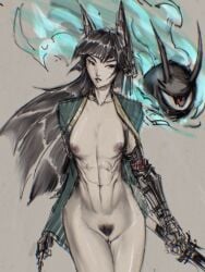 abs artist_request belly_button black_hair bush clothed clothing fox_ears hoshimi_miyabi hoyoverse long_hair long_sleeves naked naked_female nipples nude nude_female pubes pubic_hair pussy red_eyes small_breasts vagina zenless_zone_zero