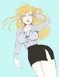 1girls big_breasts blonde blonde-haired_female blonde_hair blue_eyes breasts cleavage clothed clothing curvaceous curvy elf elf_ears elf_female elf_girl female female_only hips hourglass_figure long_hair miniskirt office_clothing office_lady open_shirt pale-skinned_female pale_skin panties self_upload sfw slim_waist solo summer thick_thighs thighs tight_clothing unholypen waist wide_hips woman xxpen yellow_hair