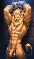 abs ai_animation ai_generated animated animation anthro anthro_only armpits arms_above_head balls ballsack bandai_namco big_penis cat digimon digimon_(species) feline felis furry furry_only gif huge_cock leomon lion looking_at_viewer loop looping_animation male male_only mane muscular muscular_anthro muscular_male necklace nipples pecs penis piercing piercings restrained short_playtime shorter_than_10_seconds solo solo_anthro solo_male struggling swaying_penis swinging_balls swinging_penis sysns yellow_body yellow_fur yellow_hair