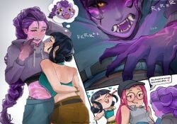 3girls black_hair fluffehhhhh fluffehwuffeh huntrix kpop_demon_hunters mira_(kpop_demon_hunters) pink_hair purple_hair rumi_(kpop_demon_hunters) yuri zoey_(kpop_demon_hunters)