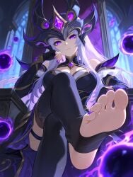 1girls ai_generated bare_legs castle cleavage_cutout crossed_legs energy_ball feet foot_fetish helmet large_breasts league_of_legends legs looking_at_viewer purple_eyes purple_nails self_upload sitting soles syndra thighs throne toeless_legwear toes white_hair window
