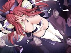 1girl 2000s_(style) 6+boys blush bottomless breasts censored closed_eyes elbow_gloves from_above game_asset gloves hetero humiliation large_breasts long_hair magical_girl mahou_senshi_(series) mahou_senshi_princess_tear mosaic_censoring multiple_boys nipples no_bra no_panties non-web_source official_art open_clothes open_mouth open_shirt princess_tear public_indecency pussy red_hair ribbon sad saitou_natsuki self-datamine smile solo_focus tearna_lilian_transylveil thighhighs variant_set visual_novel_cg