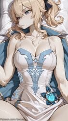 1girl ai_generated bangs bare_shoulders bed_sheet blonde_hair blue_eyes body_fur bow breasts cleavage collarbone dress furry furry_female hair_bow large_breasts long_hair lying on_back out-of-frame_censoring pillow ponytail solo two-tone_fur