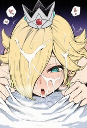 1girls after_fellatio ai_generated aqua_eyes bed_sheet blonde_hair blue_eyes blush clothing crown cum cum_in_mouth cum_on_hair earrings facial female gradient_background hair_over_one_eye headwear heart-shaped_pupils jewelry long_hair looking_at_viewer lying male mario_(series) mini_crown nose_blush nude on_stomach one_eye_covered open_mouth princess_rosalina rosalina saliva semen sheet_grab solo spoken_heart star_(symbol) star_earrings stray_pubic_hair super_mario_bros. super_mario_galaxy sweat symbol-shaped_pupils tongue tongue_out trembling