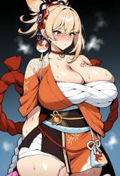 1girl ai_generated alternate_breast_size arm_tattoo arms_behind_back bandages blonde_hair blue_background blush breasts chest_sarashi chest_tattoo choker cleavage clothing collarbone cowboy_shot curvy egg_vibrator female flower_tattoo genshin_impact gradient_background hadanugi_dousa hair_between_eyes hair_ornament holding huge_breasts japanese_clothes kimono large_breasts novart01 obi obijime open_mouth orange_eyes orange_kimono pendant_choker ponytail pouch red_choker remote_control_vibrator robe rope sarashi sash sex_toy shimenawa single_bare_shoulder solo standing sweat tattoo thick_thighs thighs traditional_clothes vibrator vibrator_cord vibrator_under_clothes vision_(genshin_impact) wafuku wide_hips yellow_eyes yoimiya_(genshin_impact)