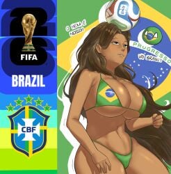 1girl 1girls abs ass atomika balancing balancing_object big_ass big_breasts bikini bikini_bottom bikini_top blush brazil brazil_(countryhumans) brazilian brazilian_female brazilian_flag breasts brown_body brown_eyes brown_hair brown_skin cleavage clothed clothing countryhumans countryhumans_girl female female_focus female_only fifa flag flag_bikini flag_print flag_print_bikini football football_ball long_hair looking_up national_personification pinup soccer soccer_ball tan_body tan_skin world_cup