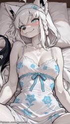 1girl ahoge ai_generated animal_ears aqua_eyes blush braid breasts cleavage collarbone decurse fang fox_ears fox_girl fox_tail furry furry_female hair_between_eyes hairband long_hair lying medium_breasts on_back pillow shirakami_fubuki smile solo tail virtual_youtuber white_fur white_hair