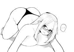 ... 1girl absurdres bangs_pinned_back barefoot blush breast_press breasts cleavage embarrassed facing_viewer full_body glasses highres inne_sulistya_robin large_breasts long_hair looking_at_viewer monochrome norman_maggot original panties simple_background solo spoken_ellipsis sweatdrop thong thong_panties top-down_bottom-up topless_female underwear underwear_only white_background