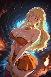 1girl ai_generated bangs bare_shoulders blonde_hair blush bracelet breasts cleavage collarbone earrings fire flower hair_flower hair_ornament hi_res high_quality high_resolution jewelry kiraamane large_breasts long_hair looking_at_viewer navel patreon seductive sexy skirt solo uncensored water watermark yellow_eyes