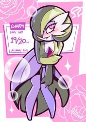 alvh_omega anthro blush blushing_at_viewer bubbles clothed color female_only gardevoir green_arms green_hair hair_covering_eye heart_eyes hi_res information_box looking_at_viewer nintendo pink_background pokemon pokemon_(species) seductive_smile sfw shy_expression slender_body stars text white_body