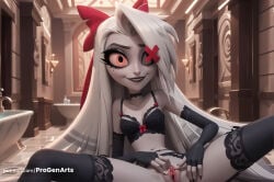 1girls ai_generated artist_name black_bra black_choker black_gloves black_lips black_nails black_thighhighs bottomless bow bra breasts choker collarbone colored_sclera elbow_gloves eyelashes female_human fingerless_gloves fingernails garter_belt gloves grey_hair hair_bow hazbin_hotel hi_res indoors lace lace-trimmed_bra lace_trim long_hair looking_at_viewer makeup nail_polish navel progenarts pussy red_bow red_eyes red_sclera slit_pupils small_breasts smile solo spread_legs spread_pussy teeth thighhighs uncensored underwear vaggie_(hazbin_hotel) white_hair