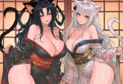 2girls ai_generated alternate_breast_size high_school_dxd huge_breasts kimono kizirugai koneko_toujou kuroka_(high_school_dxd) large_breasts neko off_shoulder posing sisters tagme