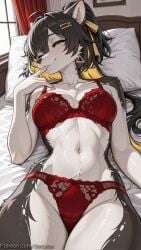 1girl ahoge ai_generated animal_ears bangs bed black_hair blonde_hair blush body_fur bra breasts collarbone decurse earrings female_rover_(wuthering_waves) finger_to_mouth furry furry_female hair_ornament hairclip indoors jewelry large_breasts long_hair lying medium_breasts multicolored_hair navel on_back on_bed panties pillow red_bra red_panties ribbon smile solo tail two-tone_hair underwear underwear_only wuthering_waves yellow_eyes