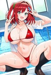1girls ai_generated breasts dolphin_wave double_v green_eyes huge_breasts one_side_up open_mouth poolside red_bikini red_hair sakimiya_iruka smile