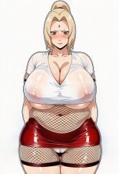 ai_assisted ai_generated alternate_costume belly_button belly_overhang blonde_female blonde_hair blush chubby chubby_female crop_top embarrassed fishnets mature_female miniskirt naruto_(series) nipples_visible_through_clothing official_alternate_costume panties ponytail skin_tight straight-on tight_clothing tsunade wardrobe_malfunction