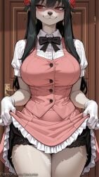 1girl ai_generated black_bow black_bowtie black_hair black_panties blush bow bowtie breasts clothes_lift decurse door earrings flower furry furry_female gloves hair_flower hair_ornament hairband jewelry large_breasts lifted_by_self long_hair looking_to_the_side panties red_eyes rose shirt short_sleeves skirt skirt_lift smile solo spy_x_family thighs underwear vest white_gloves yor_forger
