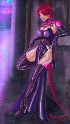 apron apron_bow apron_only big_breasts blood blood_splatter braid braided_hair crazy_eyes doll dollification dominant_female female female_only ghislain_(mr.bones22) hair_over_one_eye hammer high_heels large_breasts latex latex_clothing latex_gloves long_hair mechanical_arms mr.bones22 opera_gloves red_hair robotization sharp_teeth sideboob sticking_out_tongue tan tan_body tan_skin thick_thighs thigh_boots thigh_high_boots thighs yellow_eyes