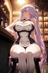 1girl ahoge ai_generated antenna_hair azur_lane bangs bare_shoulders blush bottle breasts cleavage dress gloves grenville_(azur_lane) hair_between_eyes hi_res high_quality high_resolution kiraamane large_breasts long_hair looking_at_viewer manjuu_(azur_lane) patreon seductive sexy sitting smile solo thighhighs thighs uncensored very_long_hair watermark white_legwear