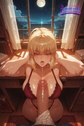 1girl ahoge ai_generated artoria_pendragon artoria_pendragon_(all) blonde_hair blush blushing blushing_at_viewer blushing_female bow bra breasts cleavage collarbone deurahh eyebrows_visible_through_hair fate/stay_night fate/zero fate_(series) full_moon green_eyes hair_ribbon hi_res highres imminent_anal imminent_fellatio imminent_oral imminent_penetration imminent_sex lace looking_at_viewer medium_breasts moon navel night night_sky panties pov pov_eye_contact ribbon saber seductive sexy sidelocks sky solo standing steam steaming_body sweat sweaty_body uncensored underwear underwear_only unseen_male_face voluptuous voluptuous_female