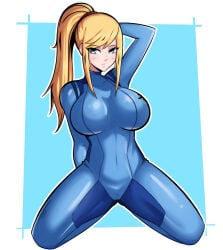 2020s 2022 black_eyebrows black_eyelashes blonde_hair blue_bodysuit blue_clothing blue_eyes bodysuit breasts camel_toe cameltoe clothing eyebrows eyebrows_visible_through_hair eyelashes female female_only hand_behind_ass hand_behind_head hi_res human human_only jpeg keykeas98 large_breasts looking_at_viewer metroid navel_line nintendo on_knees open_eyes pointy_chin ponytail posing posing_for_the_viewer pussy samus_aran shiny_clothes shiny_clothing showing_off smile smiling_at_viewer solo tight_clothing zero_suit zero_suit_samus
