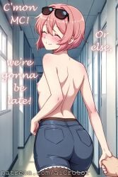 ai_generated aicrotor cute doki_doki_literature_club holding_hands sayori_(doki_doki_literature_club) school shorts small_breasts topless walking wholesome